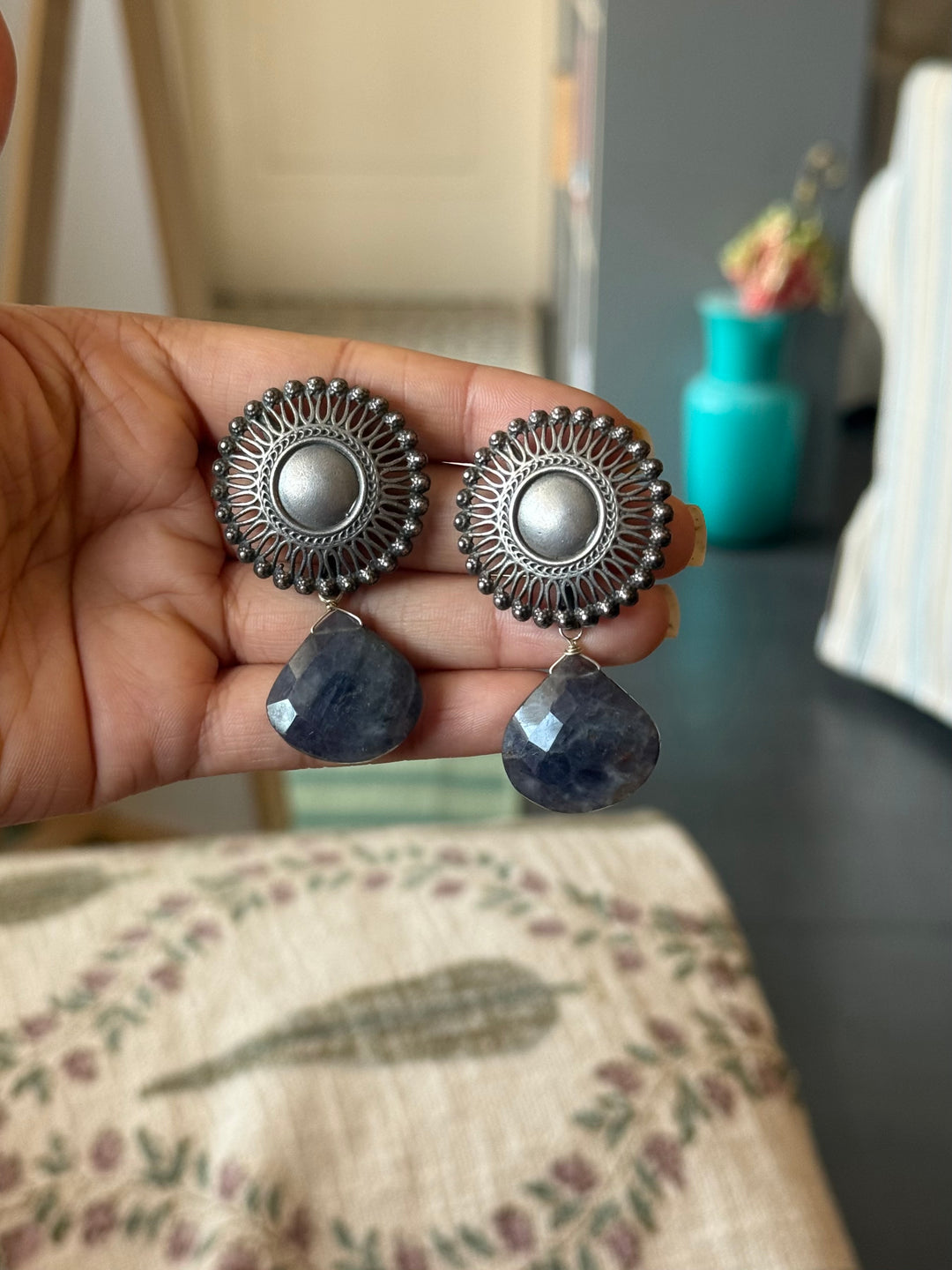 Handmade 925 Silver Iolite Drop Stud Earrings | SHIVKA | 5x3 cm | 28g Pair | Push Back | Statement Jewelry