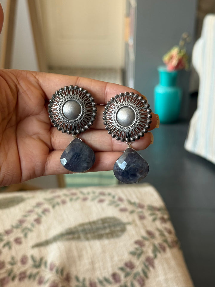 Handmade 925 Silver Iolite Drop Stud Earrings | SHIVKA | 5x3 cm | 28g Pair | Push Back | Statement Jewelry