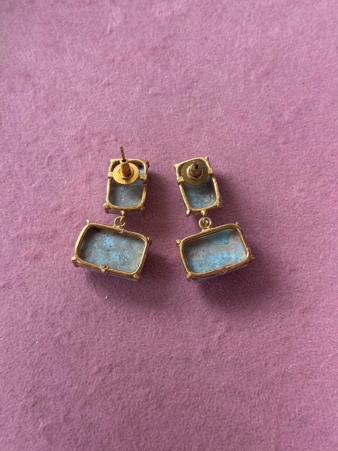 Handmade Natural Larimar Stone Earrings | SHIVKA | Gold Polished Brass | 4x2 cm | 20g Pair | Push Back