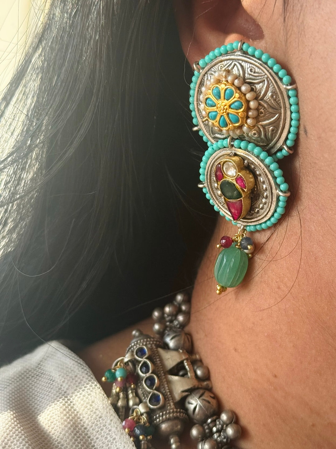 Handmade 925 Silver Fusion Gemstone Kundan Necklace Set | SHIVKA