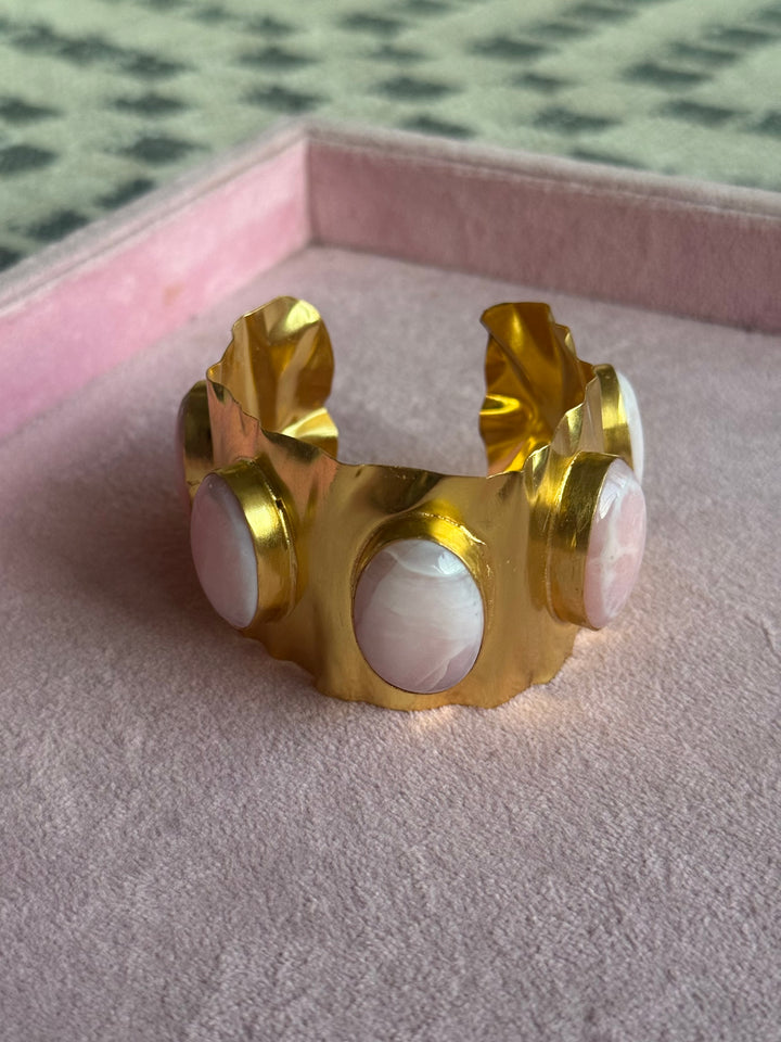 SHIVKA Designer Stone Brass Cuff | Adjustable Open Bracelet | Statement Festive Wear | 45g