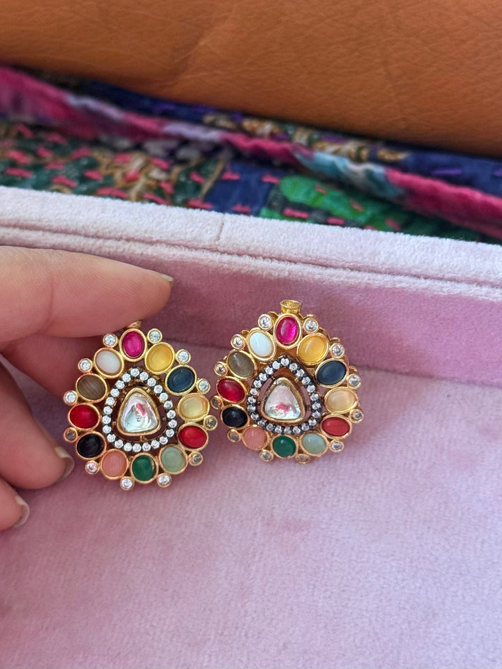 Handmade Designer Navratna Brass Studs | SHIVKA | 3x2.5 cm | 14g Pair | Push Back | Festive Gift Jewelry