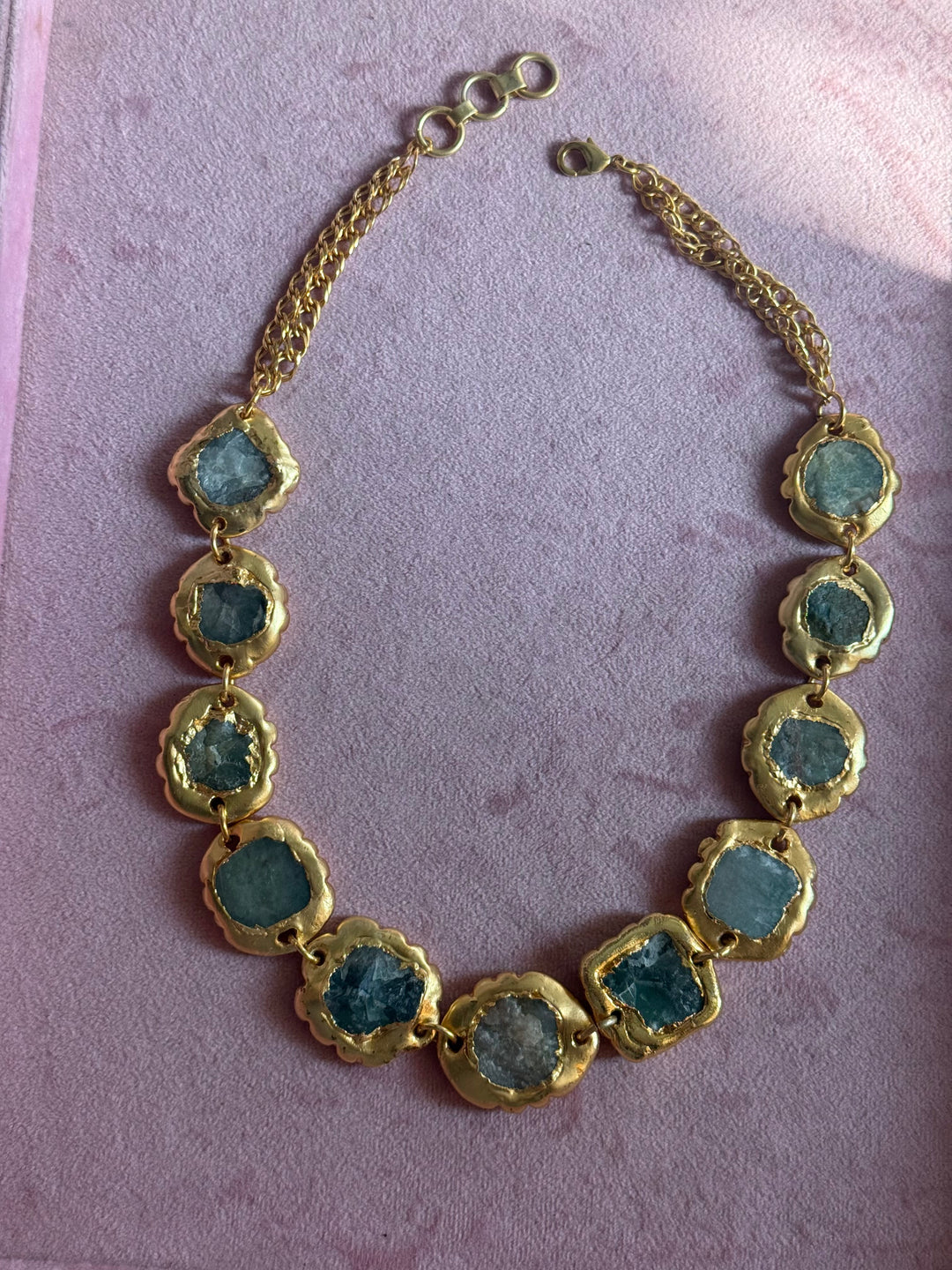 Handmade Raw Stone Gold Embedded Necklace | Adjustable Lobster Claw Brass Statement Jewelry