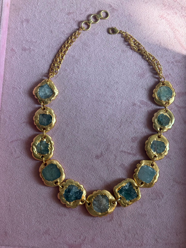 Handmade Raw Stone Gold Embedded Necklace | Adjustable Lobster Claw Brass Statement Jewelry