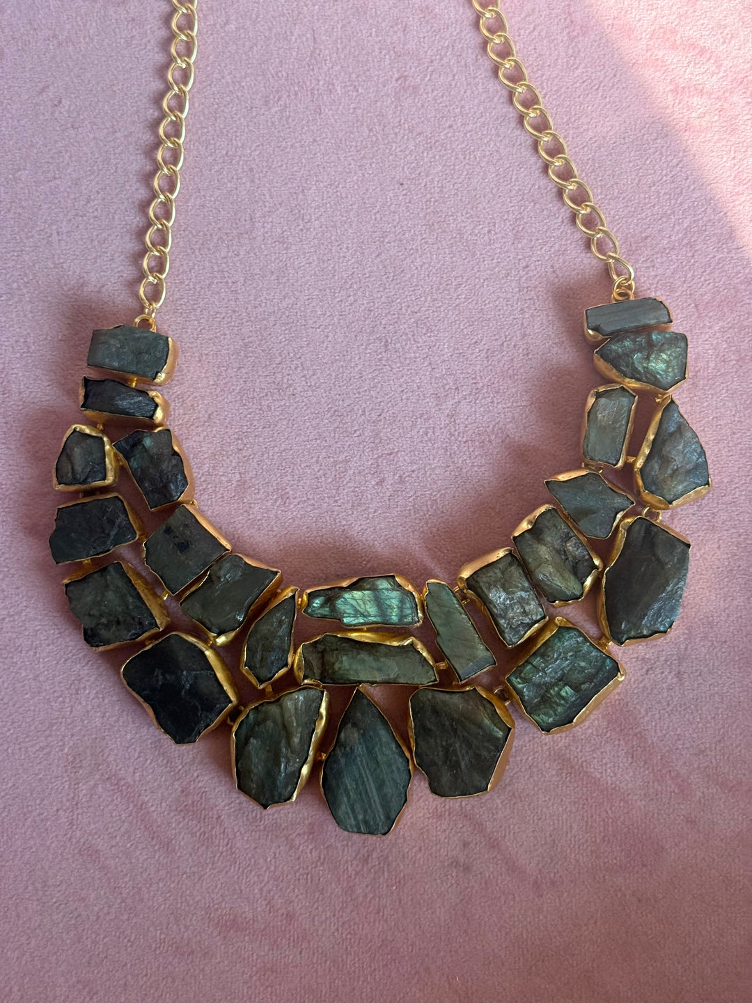 Handmade Raw Stone Labradorite Necklace | Gold Polish Brass Adjustable Statement Jewelry