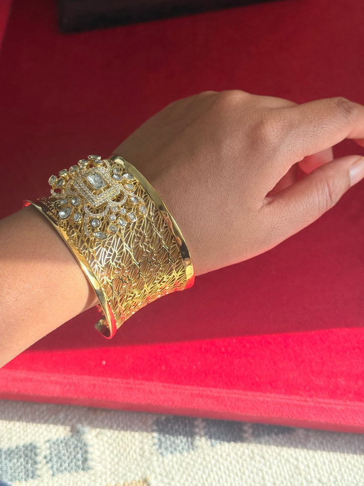 Exquisite 925 Silver Kundan Cuff Bracelet - Handcrafted by SHIVKA