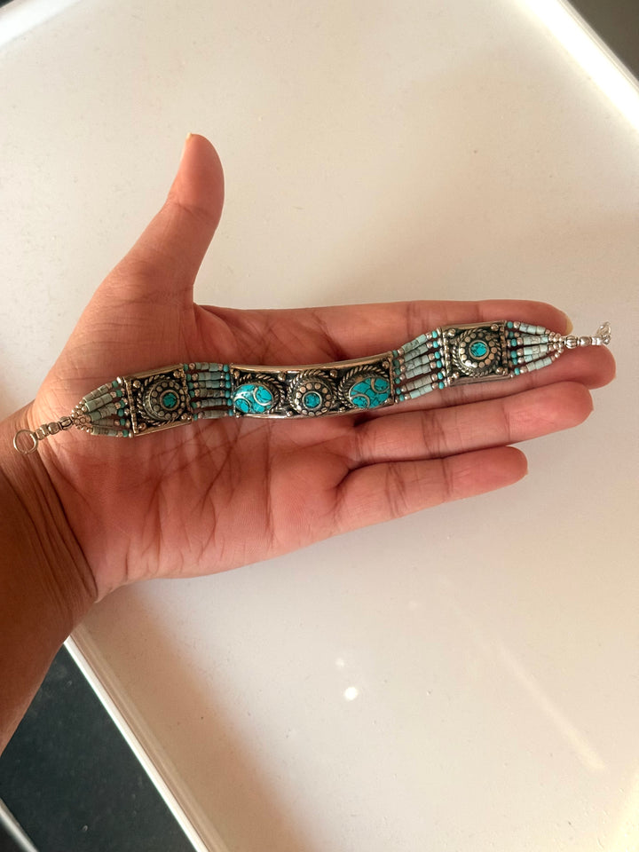 Handcrafted Turquoise German Silver Bracelet, Indian Jewelry