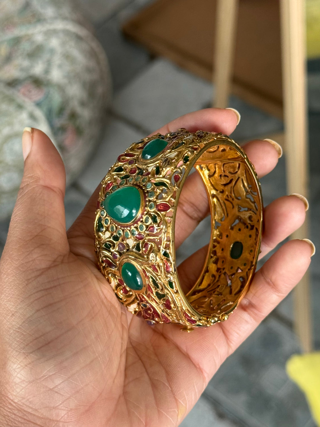 925 Silver Green Onyx Kada by SHIVKA, Gold Plated Bikaner Artisanal Enamel Bangle