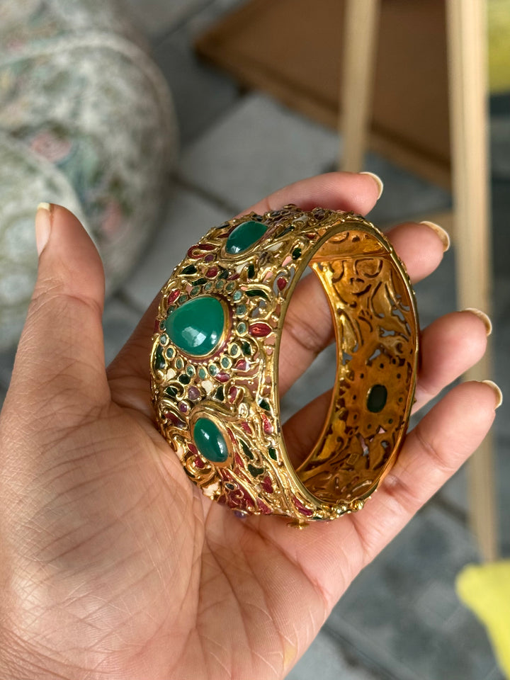 925 Silver Green Onyx Kada by SHIVKA, Gold Plated Bikaner Artisanal Enamel Bangle