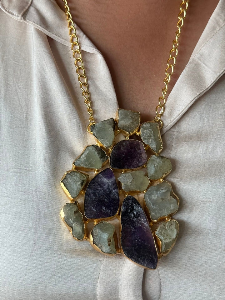 Handmade Natural Gemstones Statement Necklace | Brass Adjustable Lobster Claw Jewelry