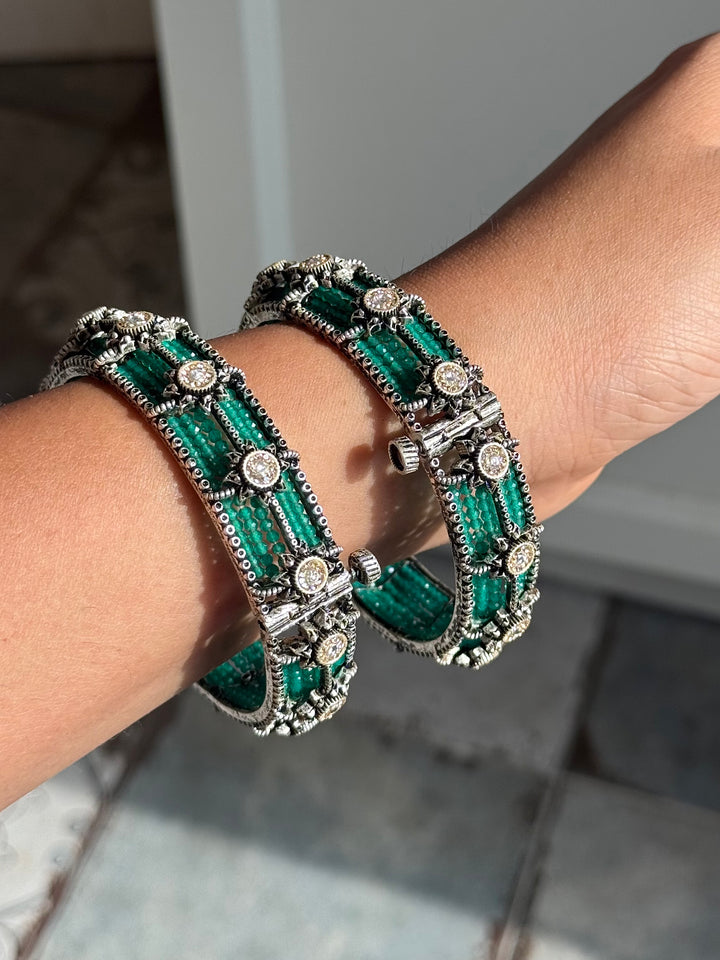 SHIVKA SAANJ 925 Silver Fusion Bangles | Set of 2 | CZ Stones | Artisan Crafted | 93g