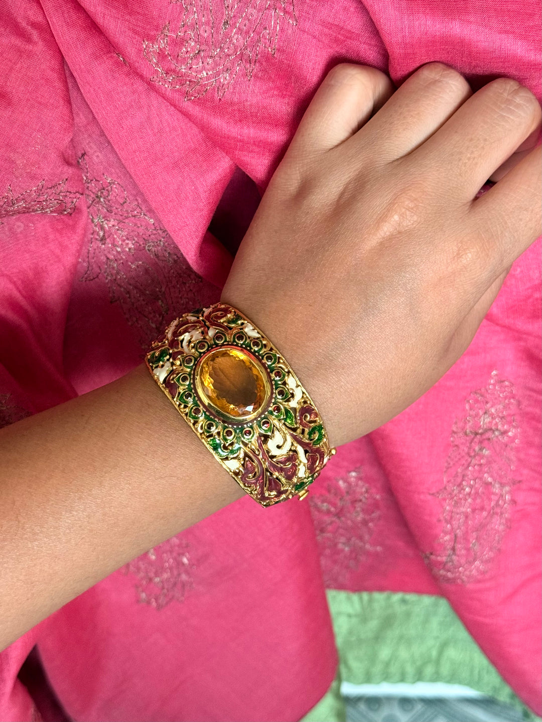 SHIVKA 925 Silver Meenakari Kada | Natural Topaz Stone | Gold Plated | Openable | 60g
