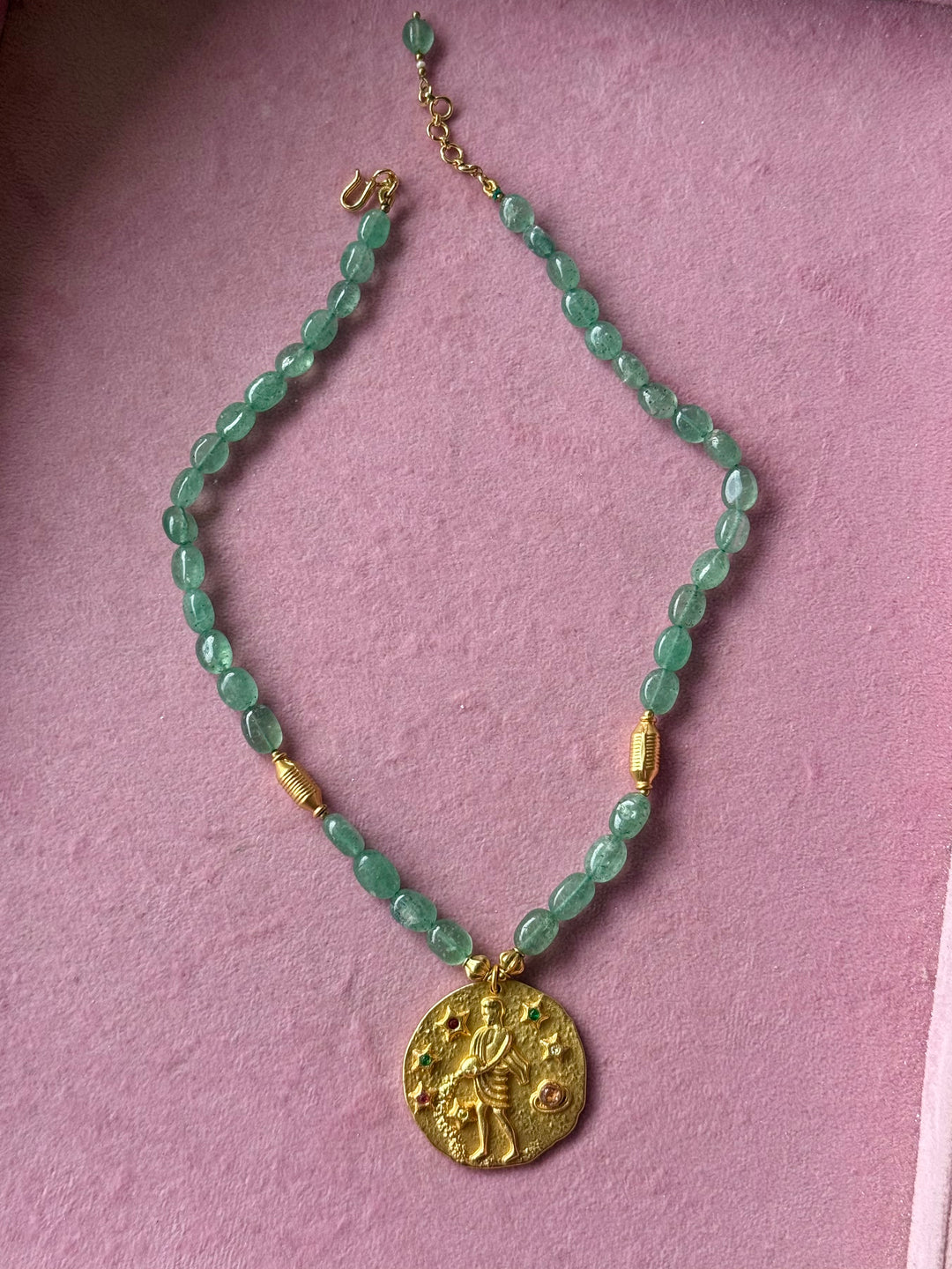 Handmade Aquarius Pendant Necklace with Natural Aventurine | Gold Polish Brass Zodiac Jewelry