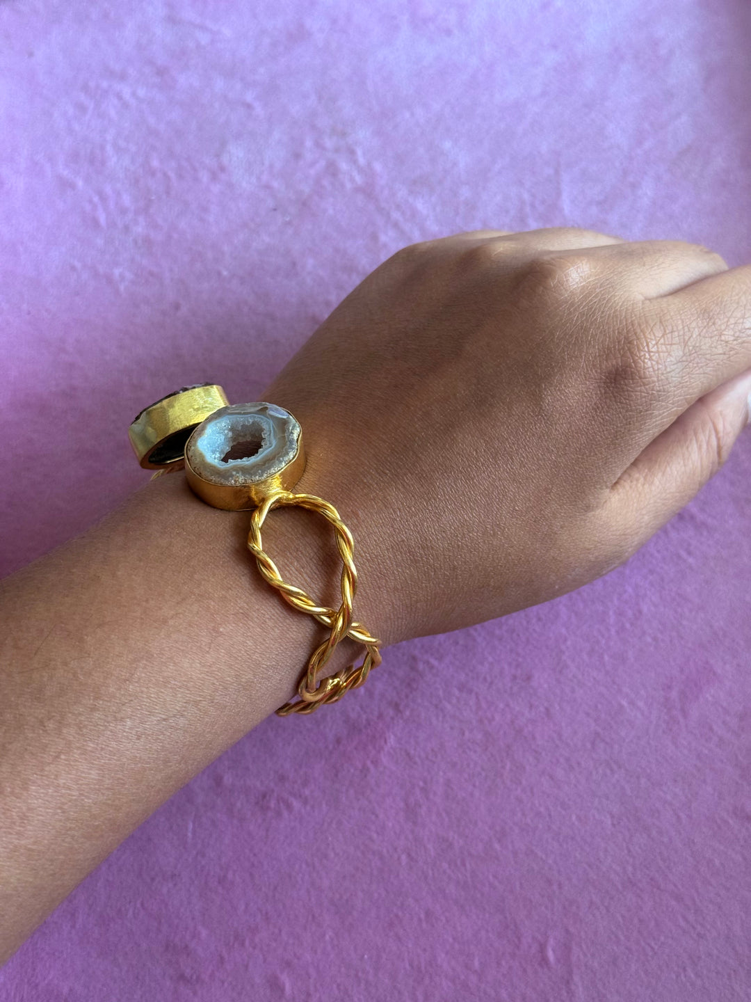 Raw Stone Cuff Bracelet, Gold Polish Brass, Adjustable