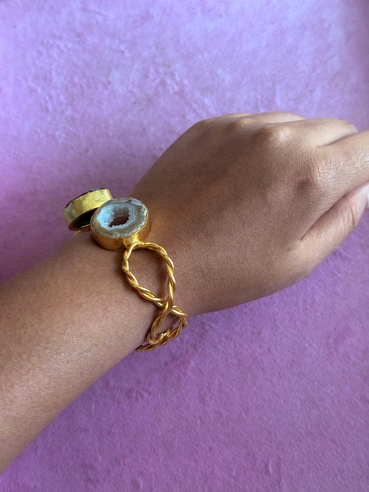 Raw Stone Cuff Bracelet, Gold Polish Brass, Adjustable