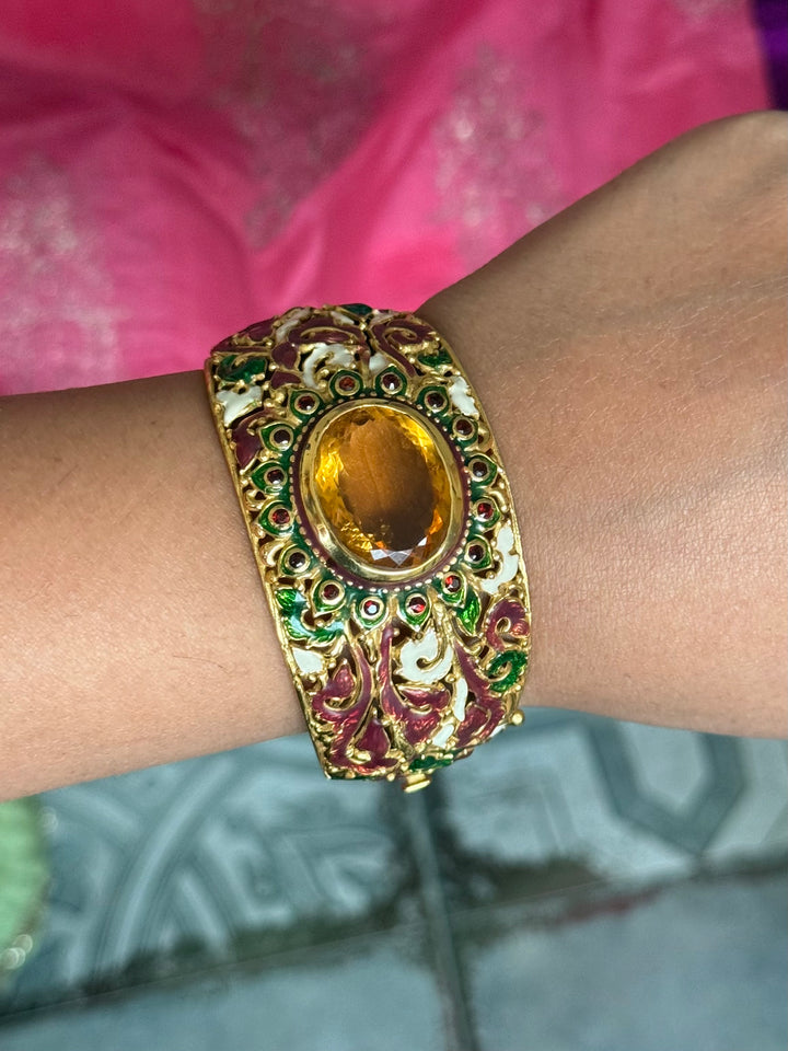 SHIVKA 925 Silver Meenakari Kada | Natural Topaz Stone | Gold Plated | Openable | 60g