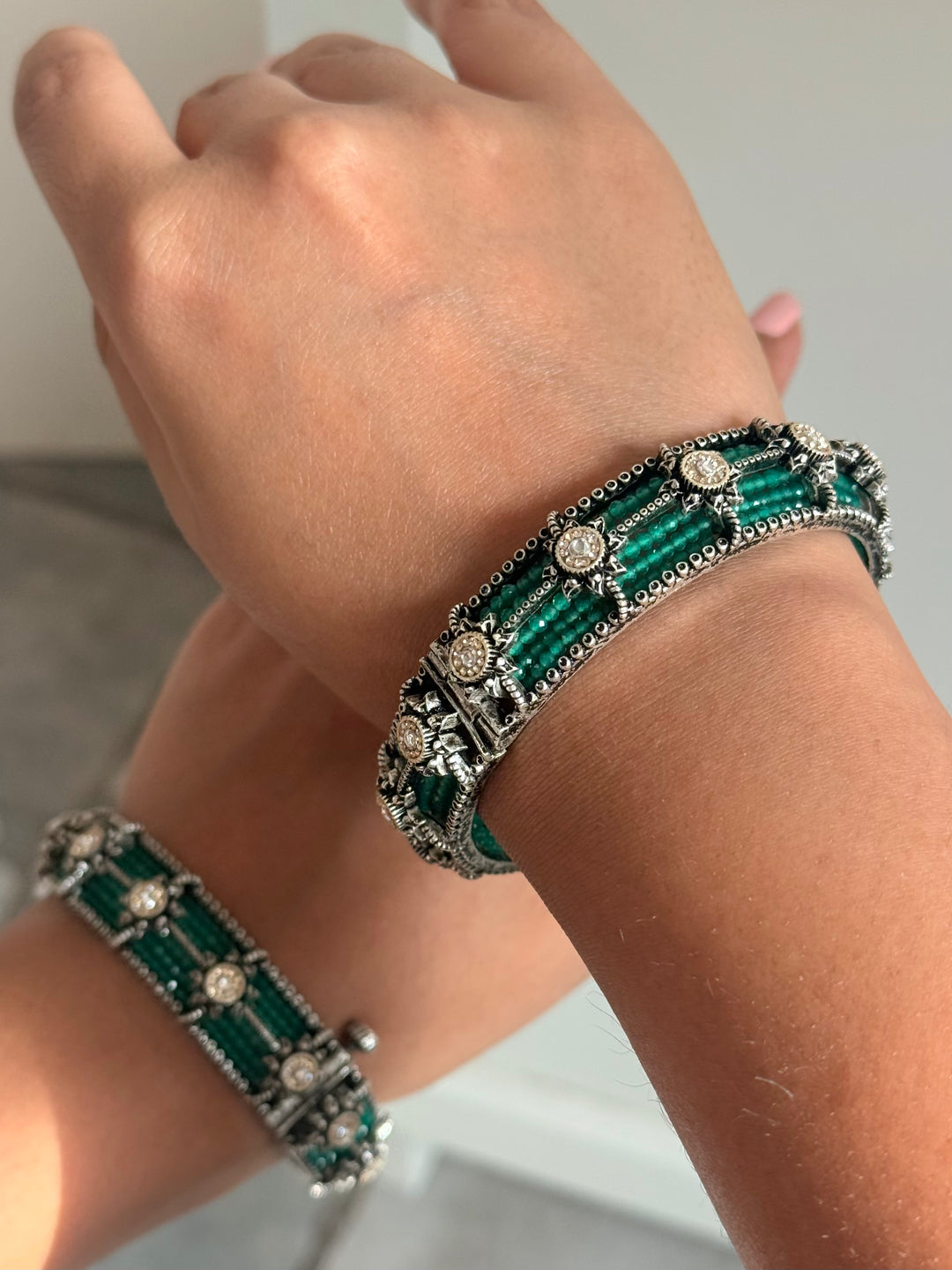 SHIVKA SAANJ 925 Silver Fusion Bangles | Set of 2 | CZ Stones | Artisan Crafted | 93g