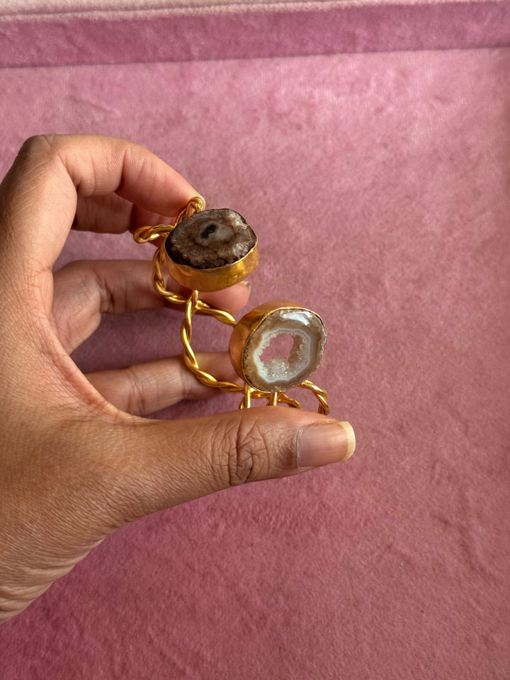 Raw Stone Cuff Bracelet, Gold Polish Brass, Adjustable