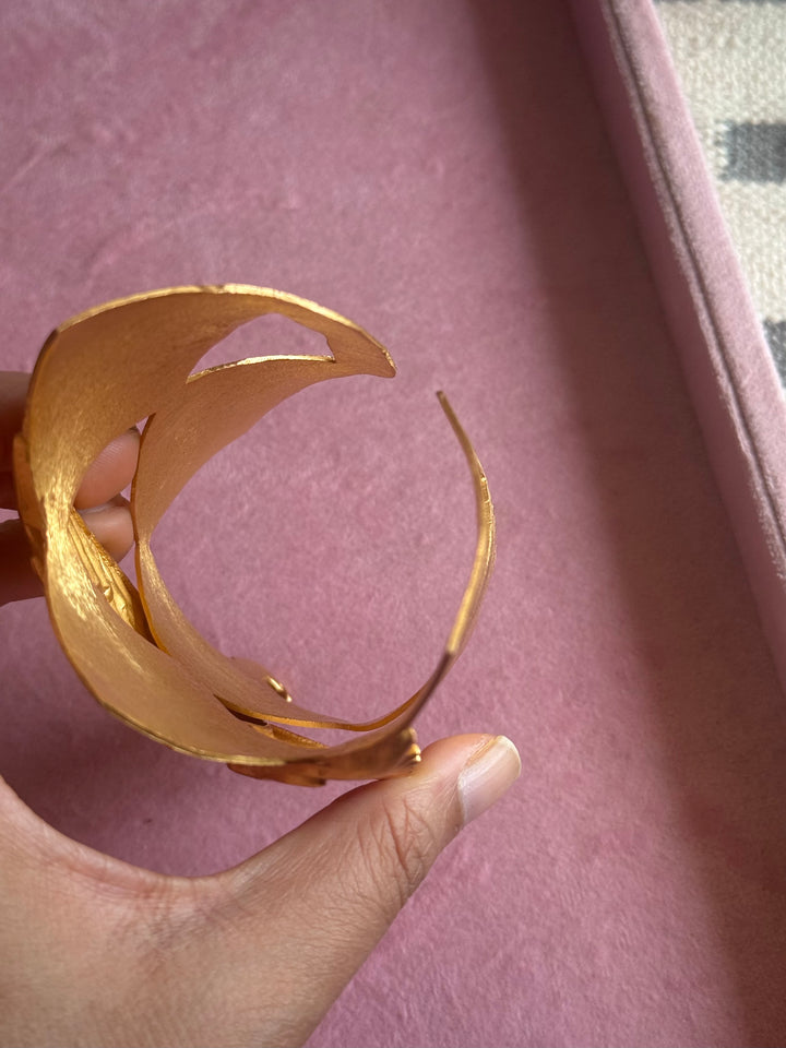 Handmade Phoenix Statement Open Cuff | Textured Gold Polish Brass Free Size Bracelet