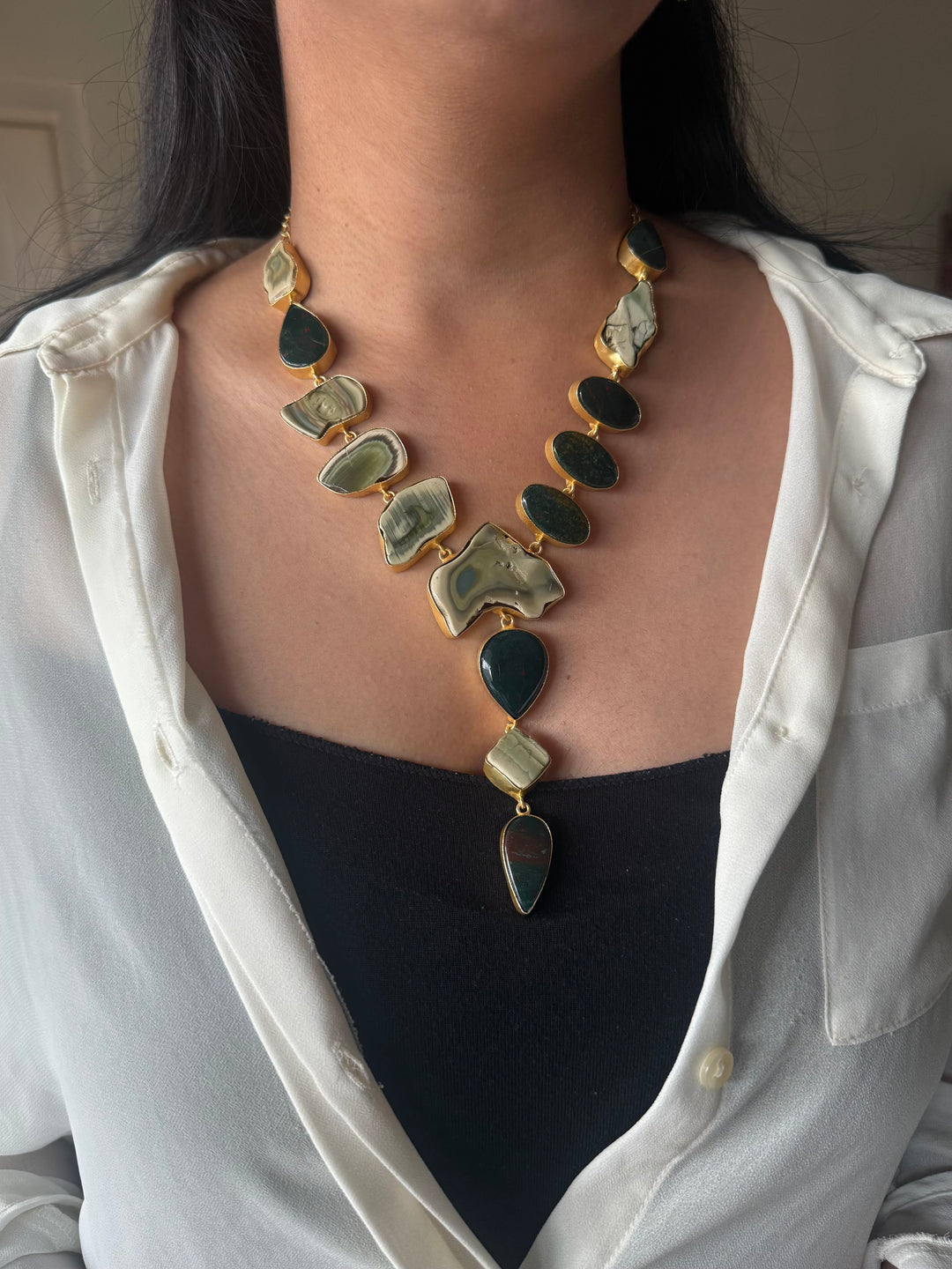 Handmade Raw Stone Necklace | Gold Polish Brass Adjustable Hook Closure Statement Jewelry