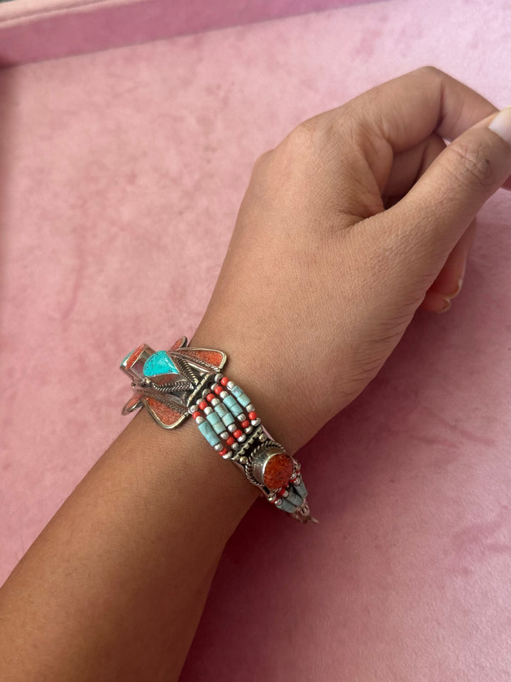 Handcrafted Turquoise and Coral German Silver Bracelet, Indian Jewelry