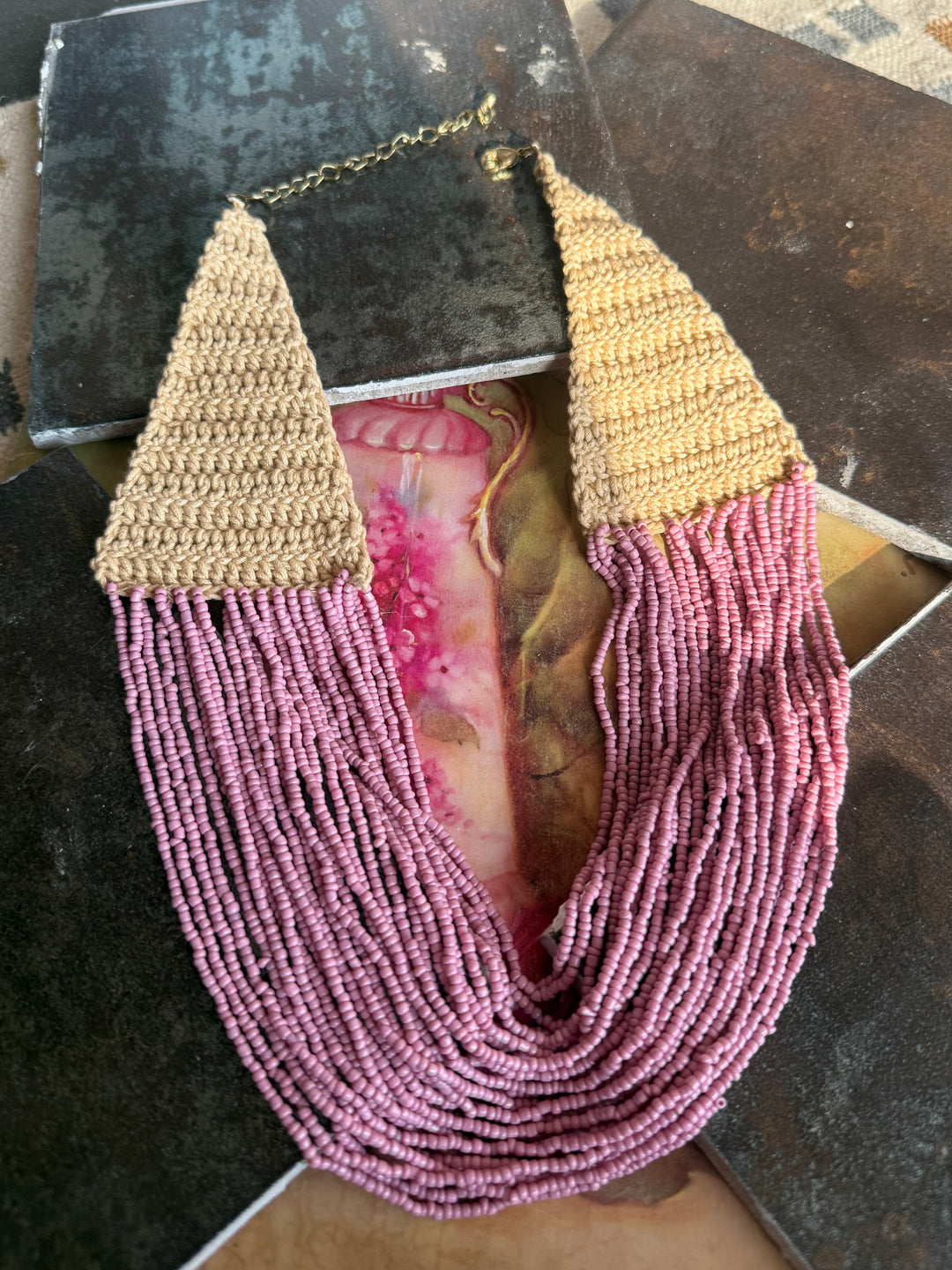 Handcrafted Lilac Beaded Statement Necklace with Knitted Detail