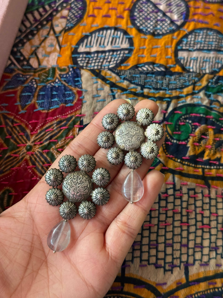 Tribal Fluorite Drop Brass Earrings | Lightweight Statement Earrings | SHIVKA