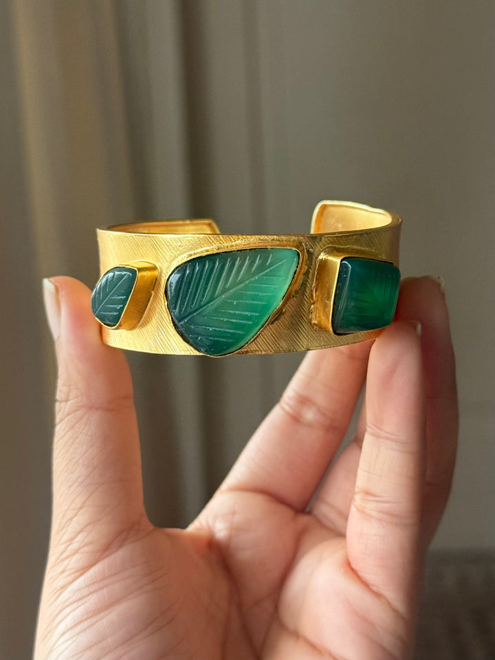 Exquisite Carved Green Onyx Stone Studded Brass Open Cuff - Unparalleled Quality and Style