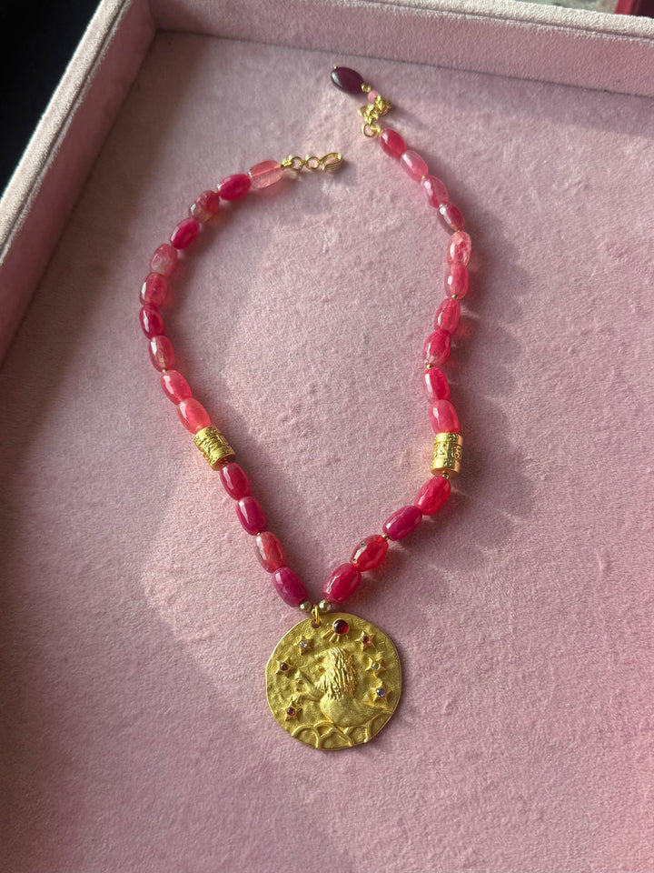 Handmade Leo Pendant Necklace with Natural Aventurine | Gold Polish Brass Short Statement Necklace