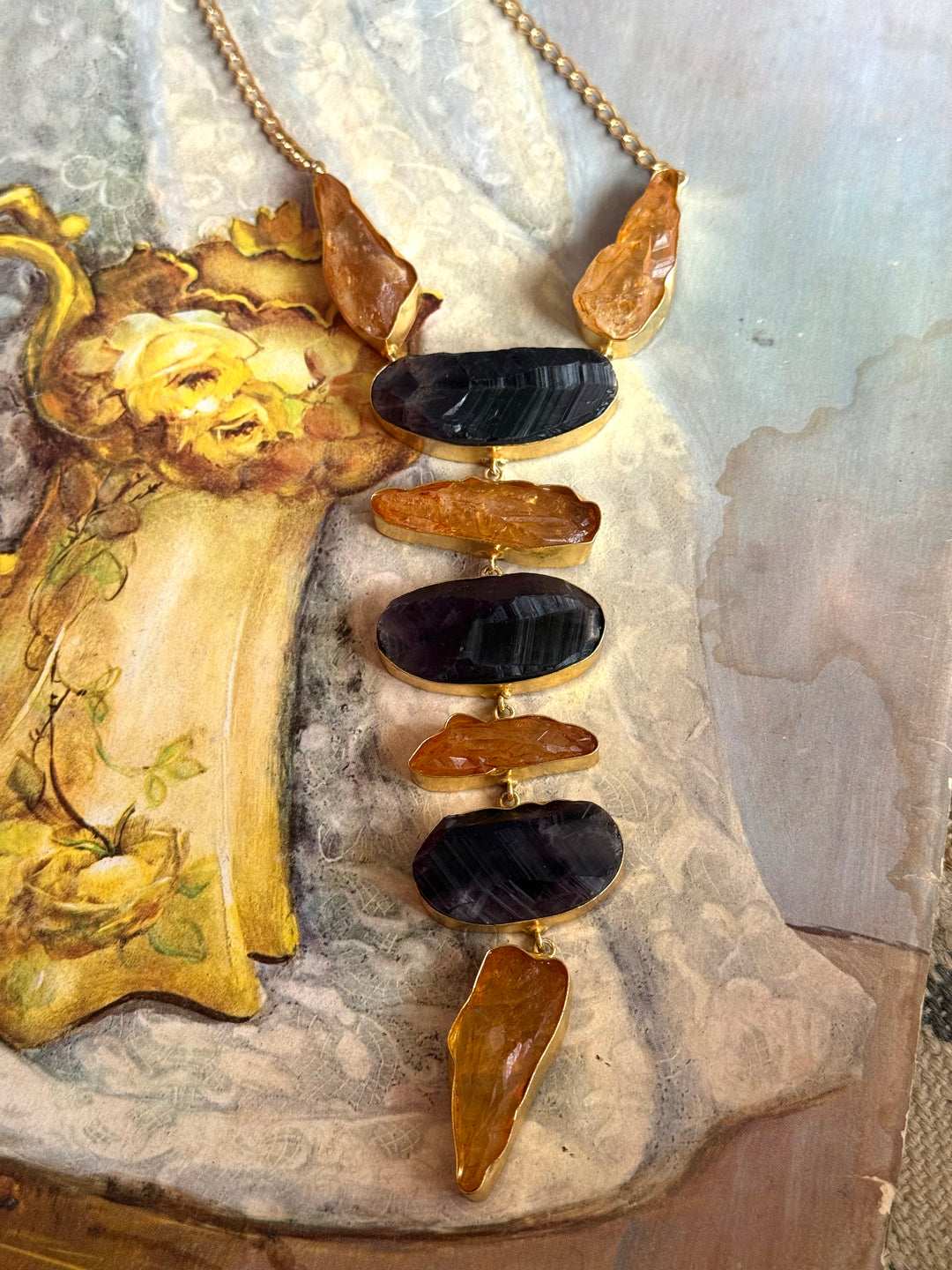 Handmade Brass Amethyst and Citrine Tie Necklace: Modern Adjustable Gemstone Pendant