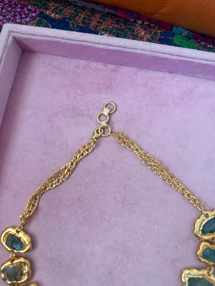 Handmade Natural Stones Gold Embedded Necklace | Adjustable Lobster Claw Brass Statement Jewelry
