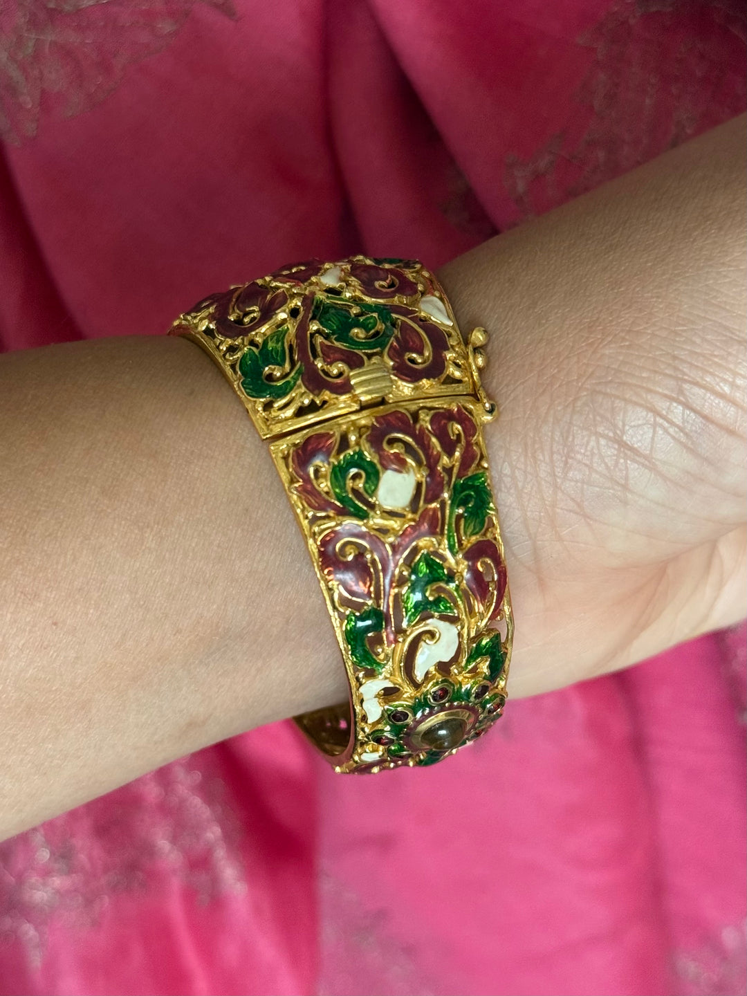 SHIVKA 925 Silver Meenakari Kada | Natural Topaz Stone | Gold Plated | Openable | 60g