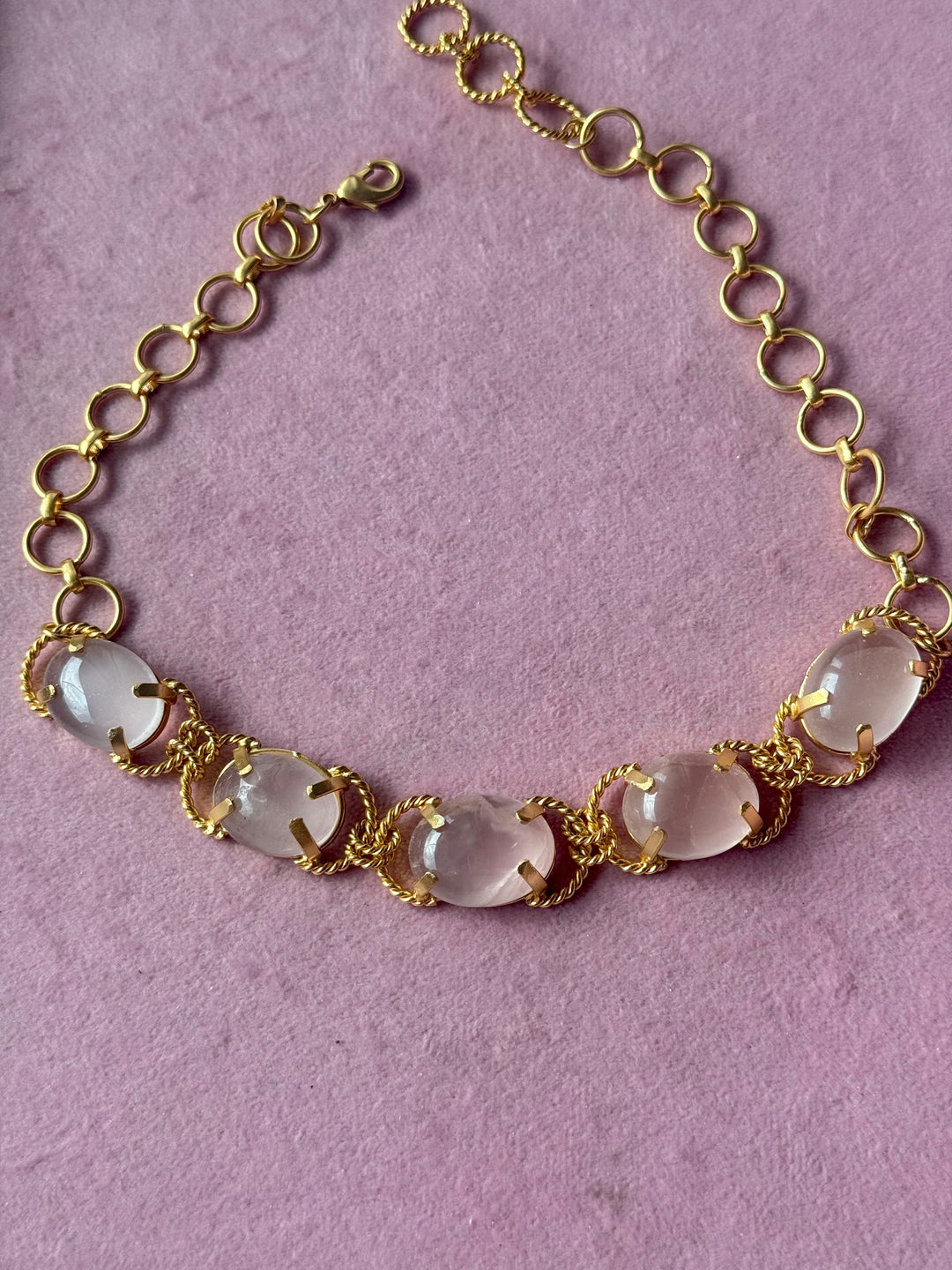 Rose Quartz Choker – Gold Brass, Adjustable Necklace