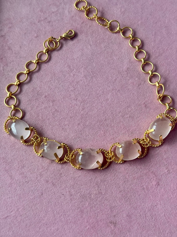 Rose Quartz Choker – Gold Brass, Adjustable Necklace