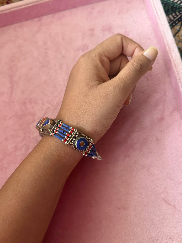 Handcrafted Lapis Lazuli and Coral German Silver Bracelet, Indian Jewelry