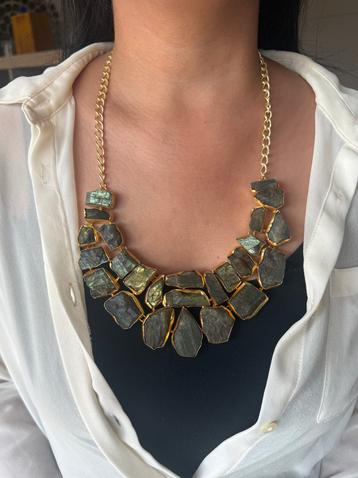 Handmade Raw Stone Labradorite Necklace | Gold Polish Brass Adjustable Statement Jewelry