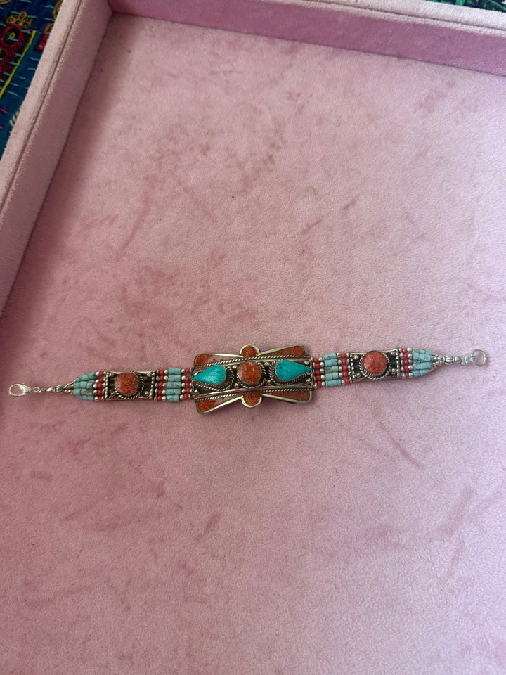 Handcrafted Turquoise and Coral German Silver Bracelet, Indian Jewelry