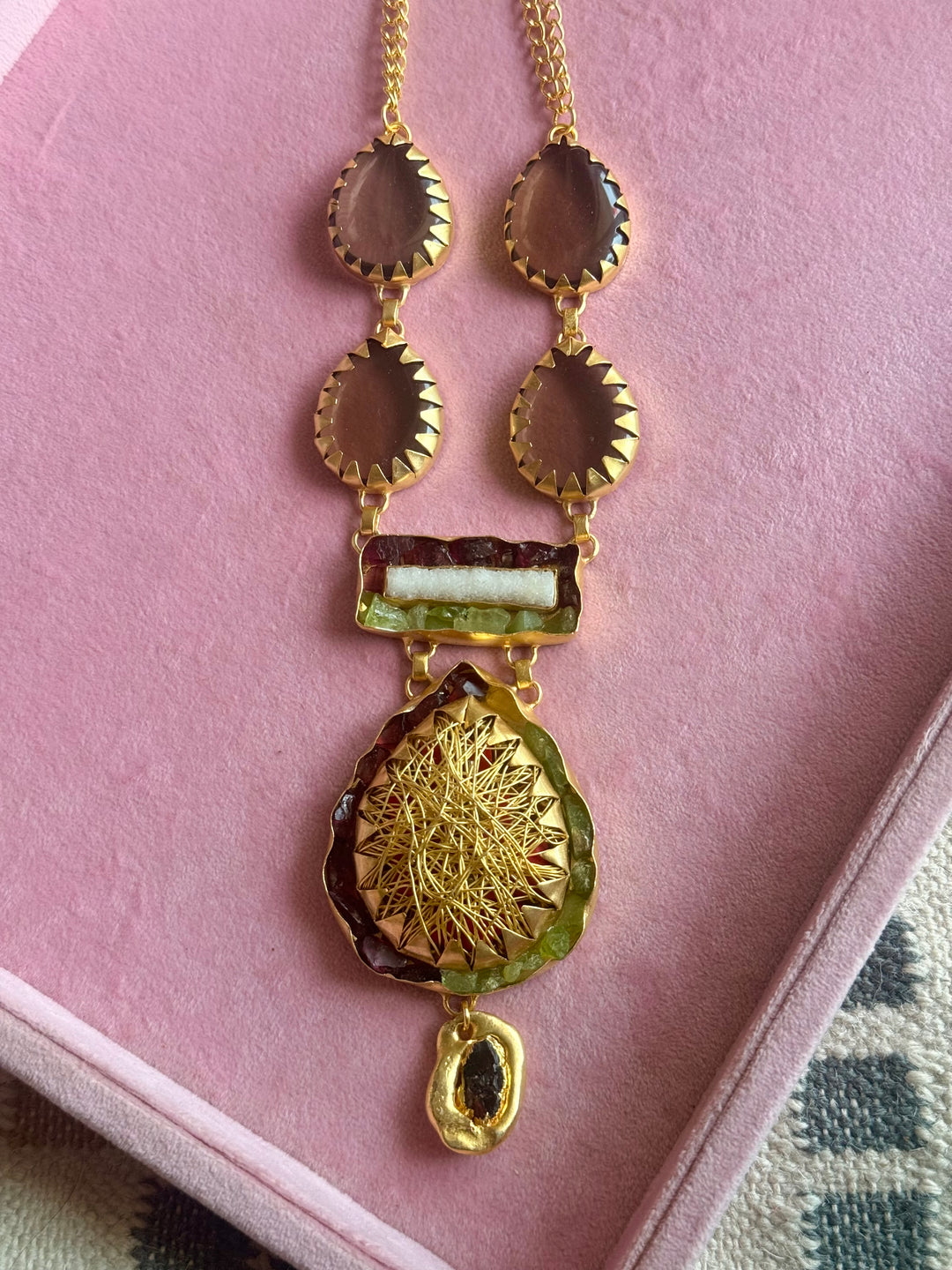 Handmade Statement Gemstone Necklace | Brass Adjustable Lobster Claw Jewelry