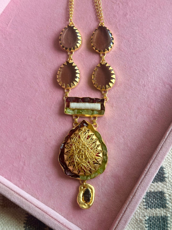 Handmade Statement Gemstone Necklace | Brass Adjustable Lobster Claw Jewelry