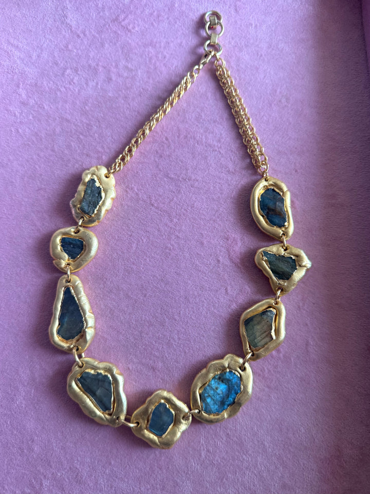 Handmade Raw Labradorite Gold Embedded Necklace | Adjustable Lobster Claw Brass Statement Jewelry