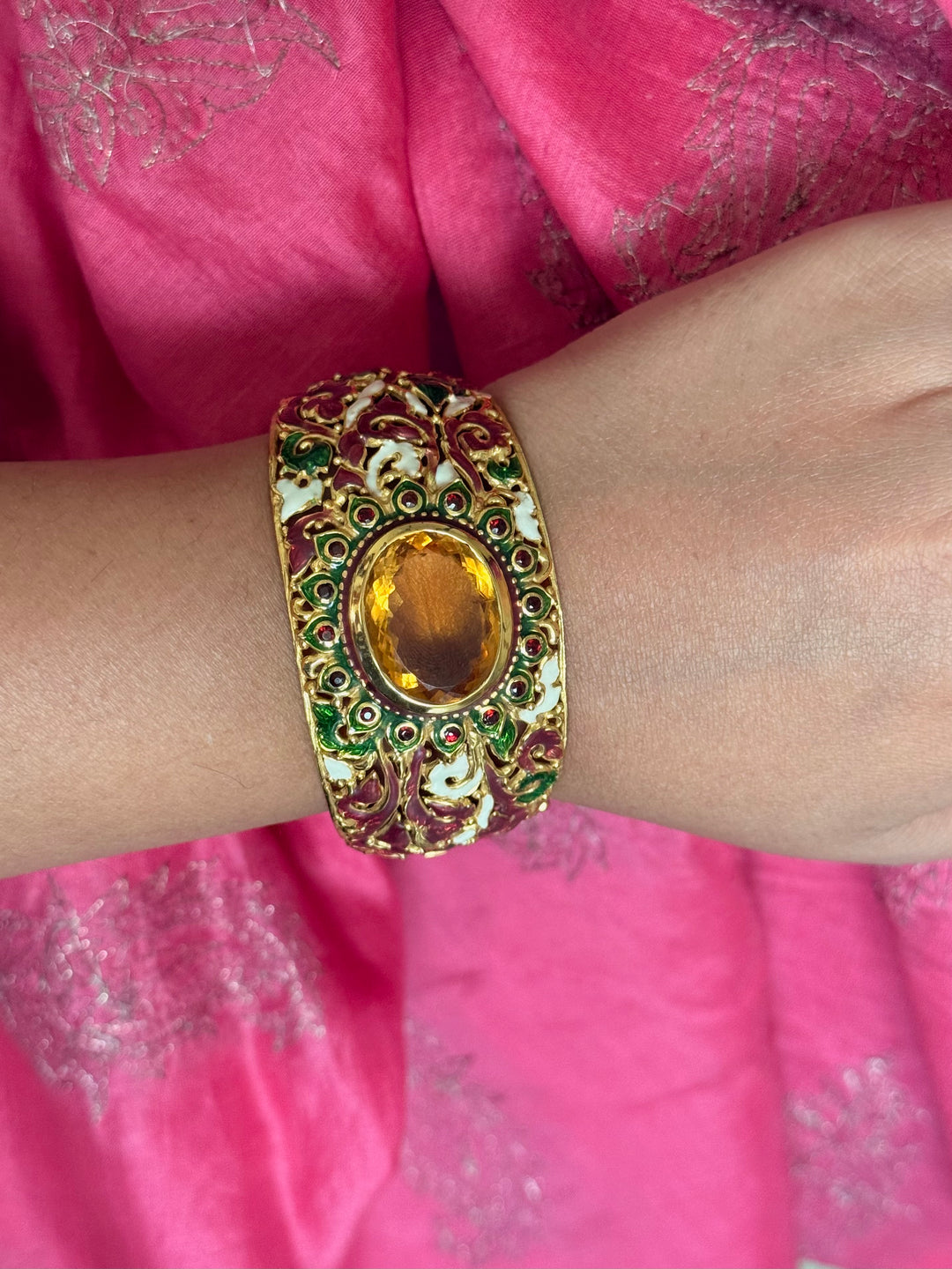 SHIVKA 925 Silver Meenakari Kada | Natural Topaz Stone | Gold Plated | Openable | 60g