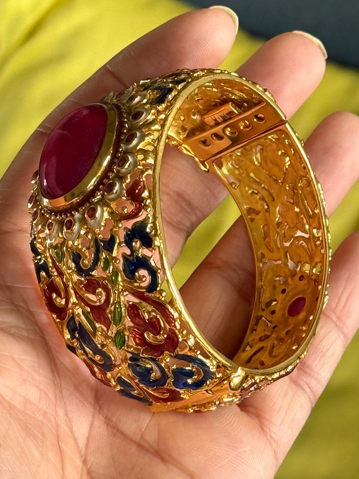 925 Silver Natural Ruby Oval Stone Kada by SHIVKA, Gold Plated Bikaner Artisanal Enamel Bangle