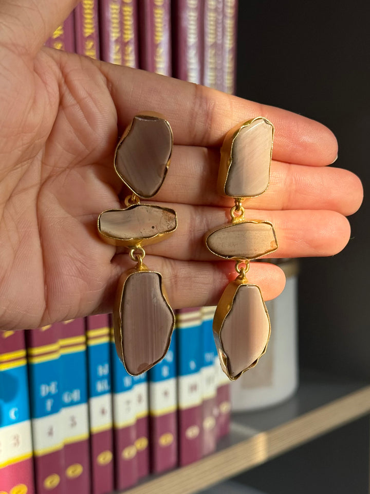 Handmade Raw Stone 3 Tier Earrings | Gold Polish Brass Push Back Statement Earrings