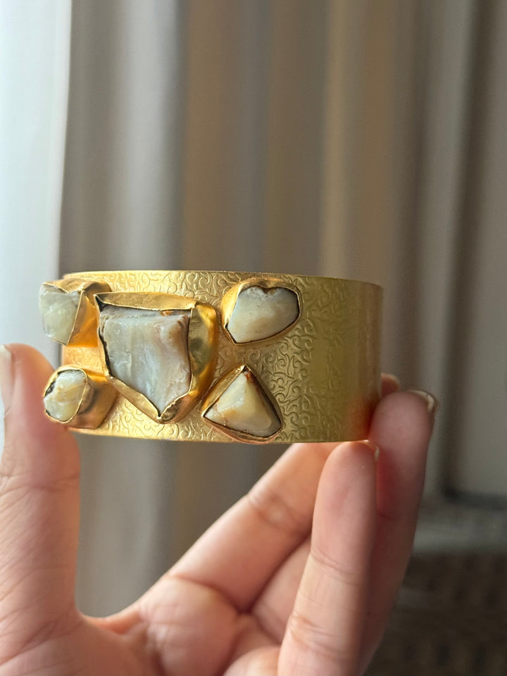Exquisite White Raw Opal Stone Studded Brass Open Cuff - Unparalleled Quality and Style
