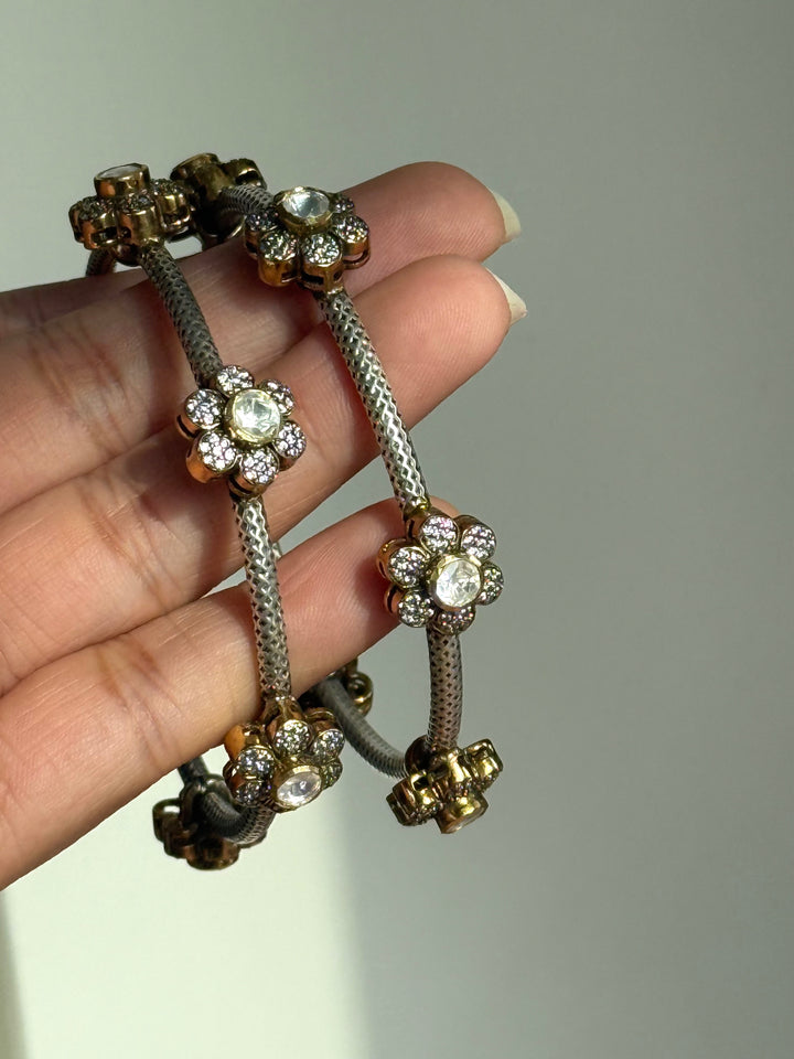 SHIVKA 925 Silver Fusion Bangles | Set of 2 | CZ Stones | Artisan Crafted | 47g
