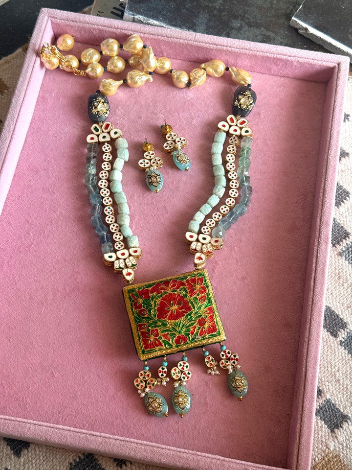 Handmade Kundan Meenakari Necklace & Earrings: Baroque Pearl, Amazonite