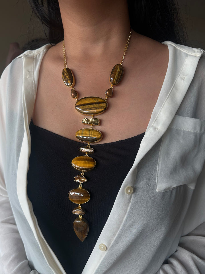 Handmade Raw Tiger Eye Stone Tie Necklace | Gold Polish Brass Adjustable Hook Closure Statement Jewelry