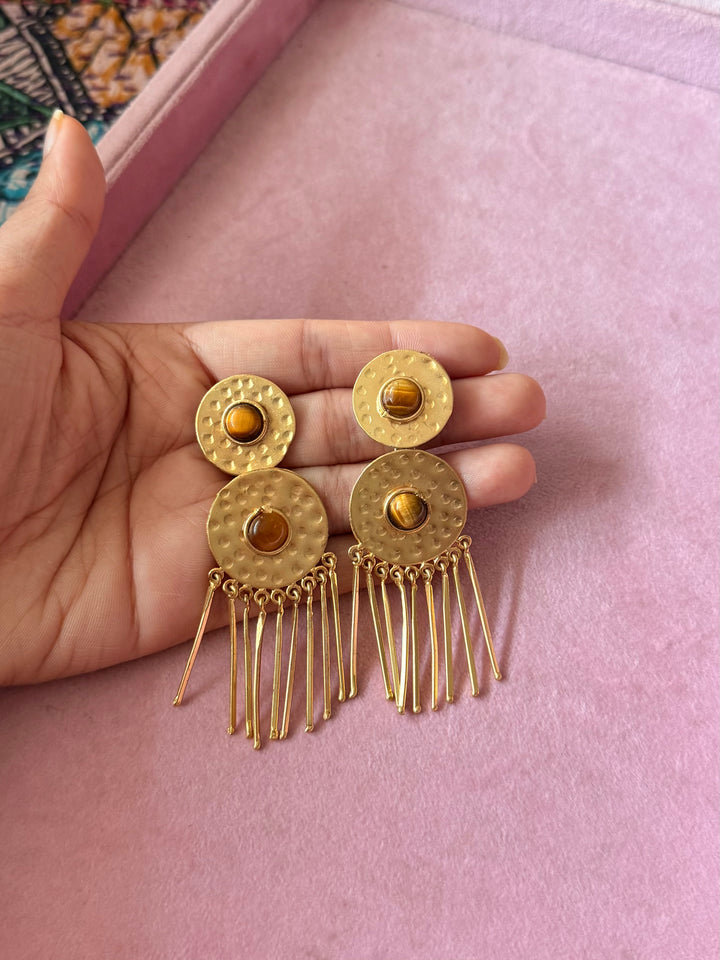 Handmade Brass Tiger Eye Statement Earrings | SHIVKA Jewelry
