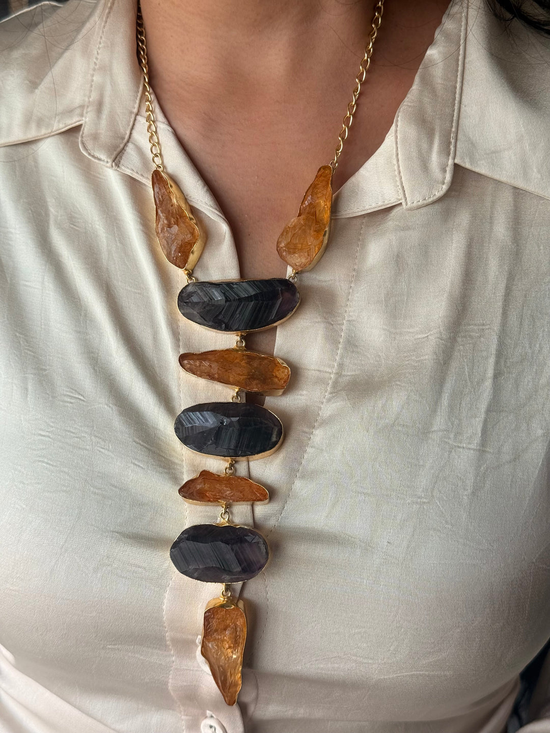 Handmade Brass Amethyst and Citrine Tie Necklace: Modern Adjustable Gemstone Pendant
