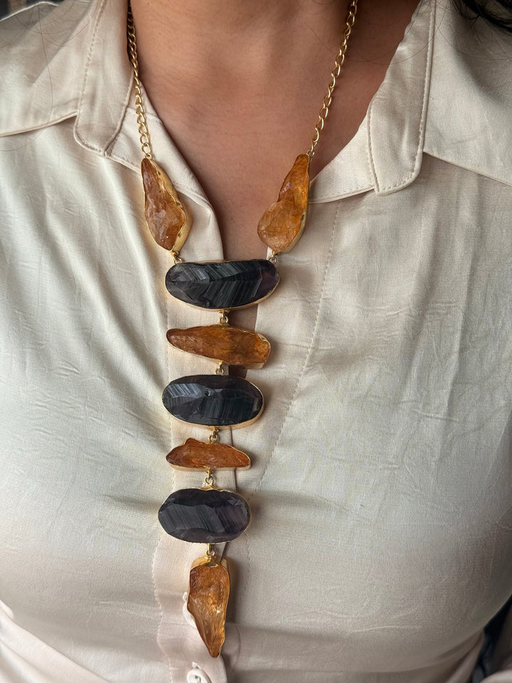 Handmade Brass Amethyst and Citrine Tie Necklace: Modern Adjustable Gemstone Pendant